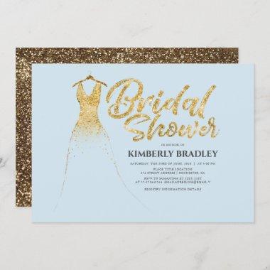 Gold Glitter Wedding Gown Dusty Blue Bridal Shower Invitations