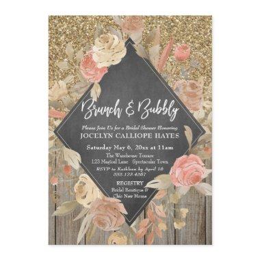 Gold Glitter Wood Floral Chalkboard Brunch Bubbly Invitations