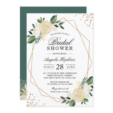 Gold Glitters Greenery Floral Bridal Shower Brunch Invitations