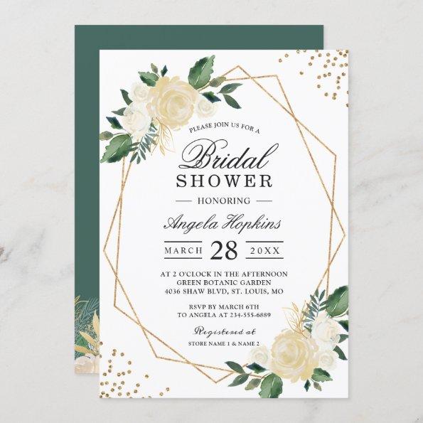 Gold Glitters Greenery Floral Bridal Shower Brunch Invitations
