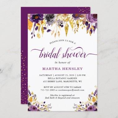 Gold Glitters Plum Purple Floral Bridal Shower Invitations