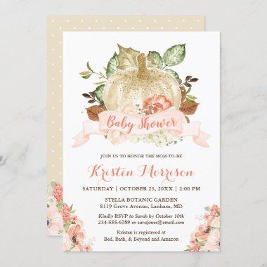 Gold Glitters Pumpkin Floral Fall Baby Shower Invitations
