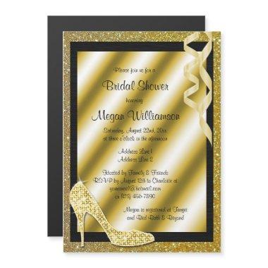 Gold Glittery Stiletto & Streamers Bridal Shower Magnetic Invitations