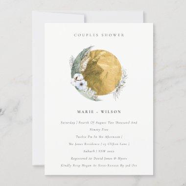 Gold Green Floral Wreath Couples Shower Invite