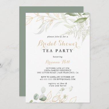 Gold Green Foliage Bridal Shower Tea Party Invitations