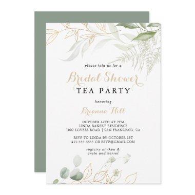 Gold Green Foliage Bridal Shower Tea Party Invitations