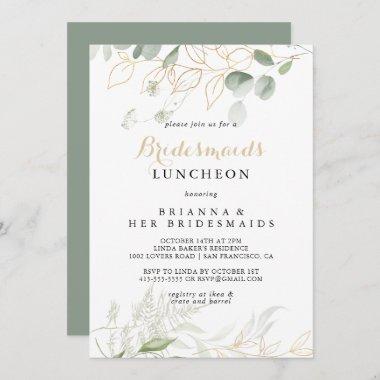 Gold Green Foliage Bridesmaids Luncheon Shower Invitations