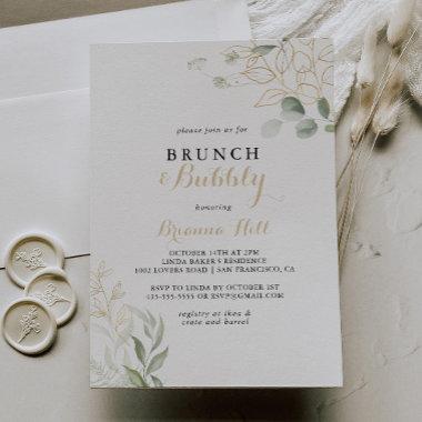 Gold Green Foliage Brunch and Bubbly Bridal Shower Invitations