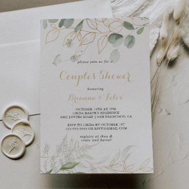 Gold Green Foliage Calligraphy Couples Shower Invitations