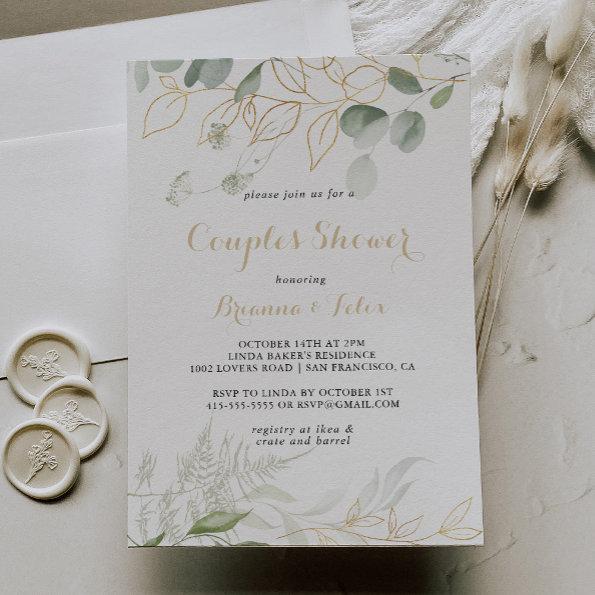 Gold Green Foliage Calligraphy Couples Shower Invitations