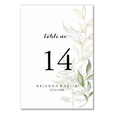 Gold Green Foliage Calligraphy Wedding Table Number