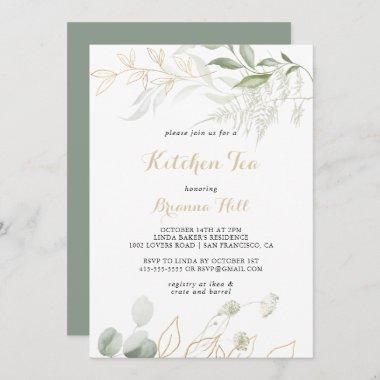Gold Green Foliage Kitchen Tea Bridal Shower Invitations