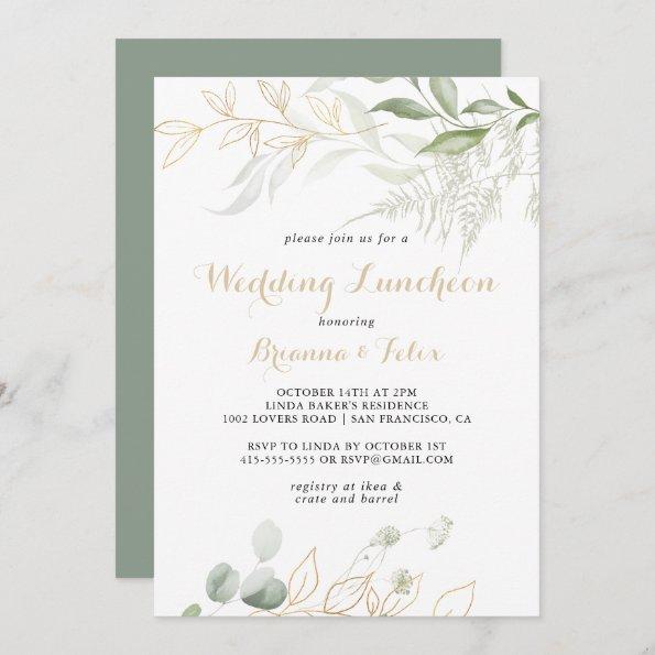 Gold Green Foliage Wedding Luncheon Bridal Shower Invitations