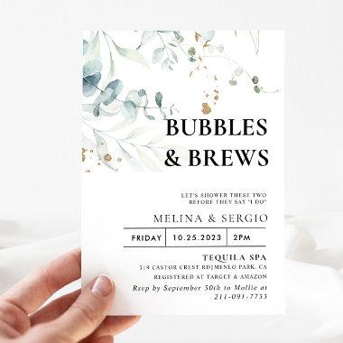 Gold Green Leaves Bubbles & Brews Bridal shower Invitations