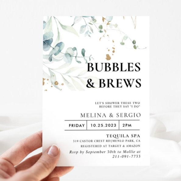Gold Green Leaves Bubbles & Brews Bridal shower Invitations