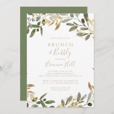 Gold Greenery Brunch and Bubbly Bridal Shower Invitations