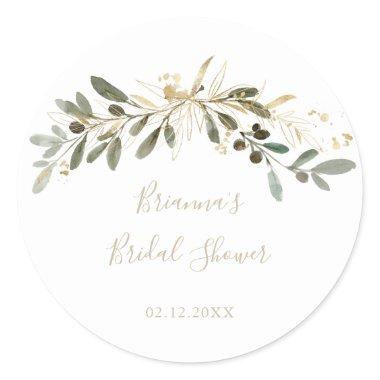 Gold Greenery Fall Bridal Shower Favor  Classic Round Sticker