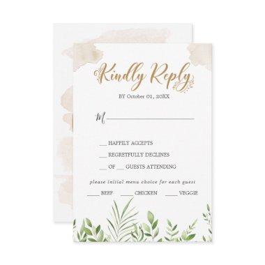 Gold Greenery Menu Choice Wedding RSVP Card