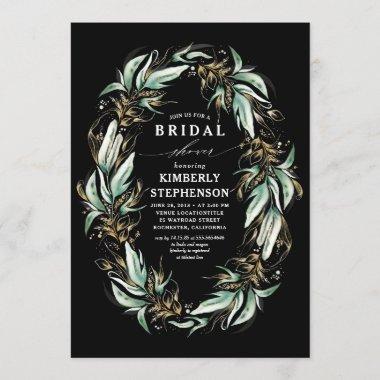 Gold Greenery Wreath Black Boho Bridal Shower Invitations