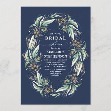Gold Greenery Wreath Navy Blue Boho Bridal Shower Invitations