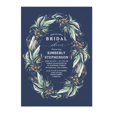 Gold Greenery Wreath Navy Blue Boho Bridal Shower Invitations