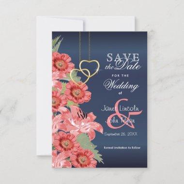 Gold Heart and Coral Flowers - Save The Date