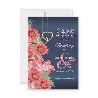 Gold Heart and Coral Flowers - Save The Date