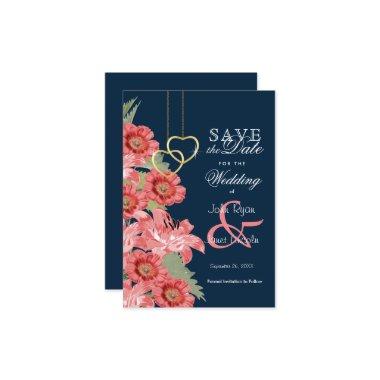 Gold Heart, Navy and Coral Flowers - Save The Date