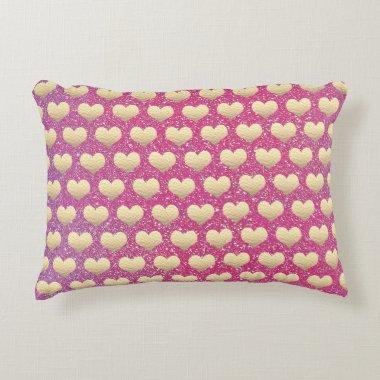 Gold Heart Patterns Valentine's Day Pink Glitter Accent Pillow