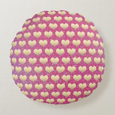 Gold Heart Patterns Valentine's Day Pink Glitter Round Pillow