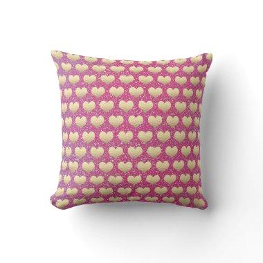 Gold Heart Patterns Valentine's Day Pink Glitter Throw Pillow