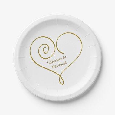 Gold Heart Personalized Wedding Paper Plates