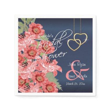 Gold Hearts on Coral & Navy Satin - Bridal Shower Paper Napkins