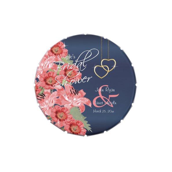 Gold Hearts on Coral & Navy Satin Candy Tin