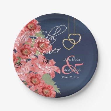 Gold Hearts on Coral & Navy Satin Paper Plates