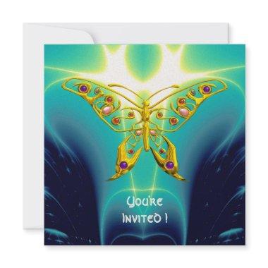 GOLD HYPER BUTTERFLY,Gems,Teal Blue Fractal Waves Invitations