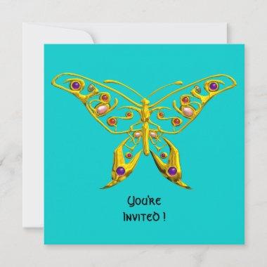 GOLD HYPER BUTTERFLY,GEMSTONES,Turquoise Blue Invitations