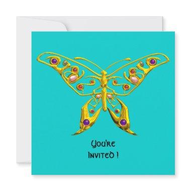 GOLD HYPER BUTTERFLY,GEMSTONES,Turquoise Blue Invitations