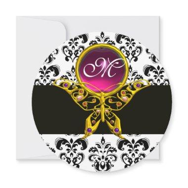 GOLD HYPER BUTTERFLY MONOGRAM,Black White Damask Invitations