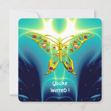 GOLD HYPER BUTTERFLY,Turquoise Blue Fractal Waves Invitations