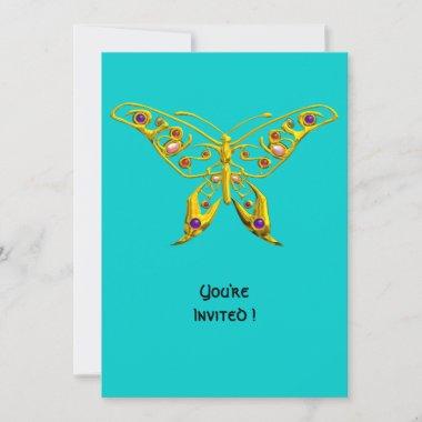 GOLD HYPER BUTTERFLY WITH GEMSTONES,Turquoise Blue Invitations