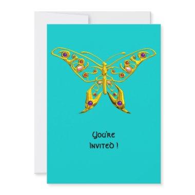 GOLD HYPER BUTTERFLY WITH GEMSTONES,Turquoise Blue Invitations