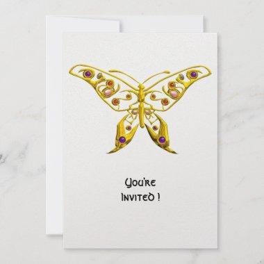 GOLD HYPER BUTTERFLY WITH GEMSTONES White Invitations