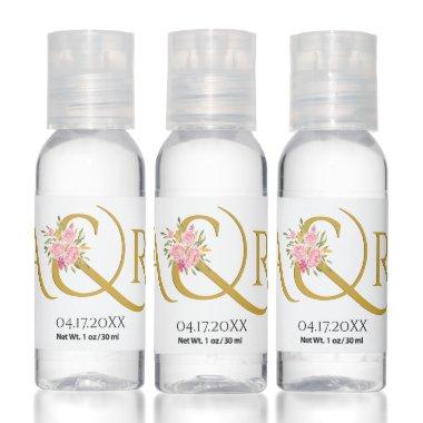 Gold initials, ampersand and pink roses wedding hand sanitizer