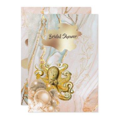 Gold ink marble swirl octopus beach theme Invitations