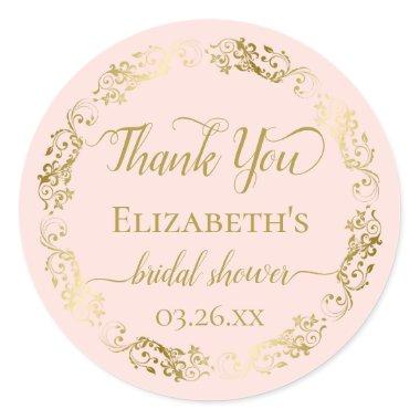 Gold Lace on Blush Pink Bridal Shower Thank You Classic Round Sticker
