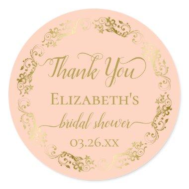 Gold Lace on Coral Peach Bridal Shower Thank You Classic Round Sticker
