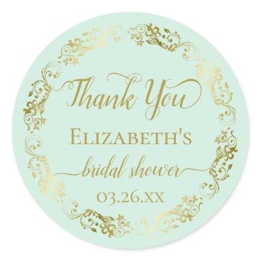 Gold Lace on Mint Green Bridal Shower Thank You Classic Round Sticker