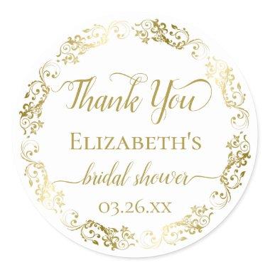 Gold Lace on White Elegant Bridal Shower Thank You Classic Round Sticker