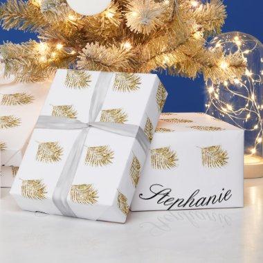 Gold Leaf Birthday Holiday Glitter Custom Name Wrapping Paper